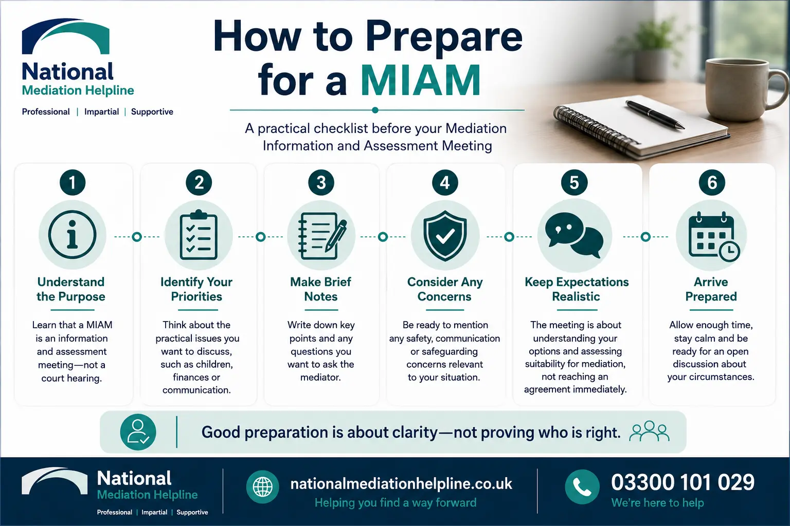 How to prepare for a miam in Peterborough How to prepare for a miam infographics , explaining How to prepare for a miam in Peterborough: Understand how to prepare for a miam in 6 Steps
